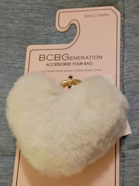 BCBGeneration Cream Heart Faux Fur Key & Bag Charm with Gold Ring